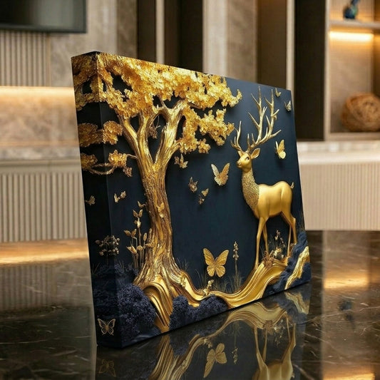 Abstract Golden Tree and Deer Landscape Canvas Art - DS129