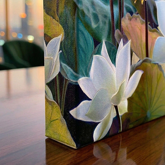 Serene White Lotus Flowers on Water Canvas Print - Zen Decor - DS118