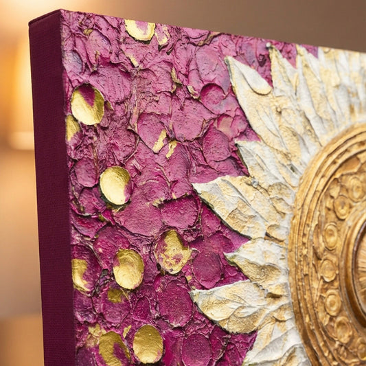 Golden Mandala Sunflower on Regal Purple Canvas - Boho Chic Wall Art - DS106