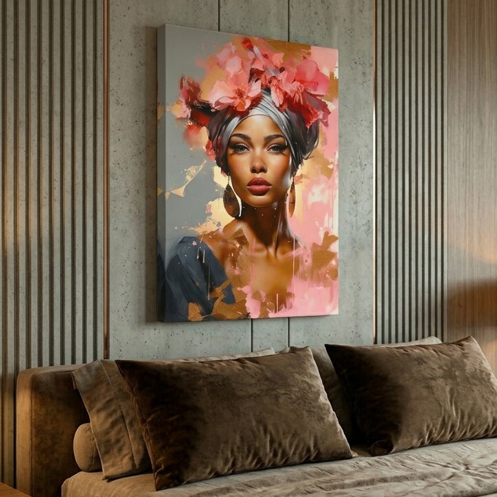 Elegant African Woman with Pink Floral Crown Canvas Wall Art - DS139