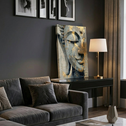 Serene Golden Buddha Face Spiritual Canvas Wall Art - DS128