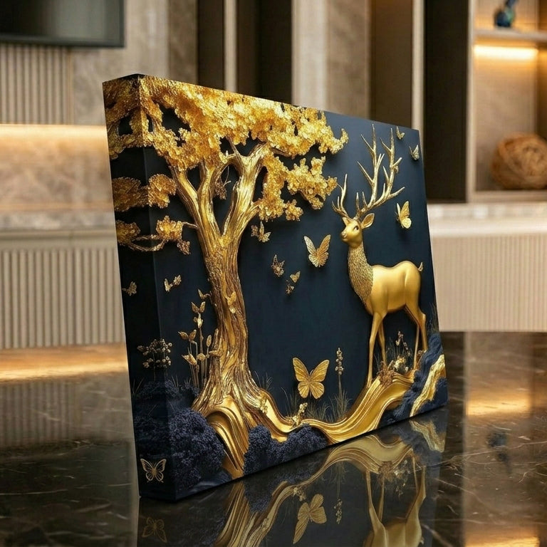 Abstract Golden Tree and Deer Landscape Canvas Art - DS129
