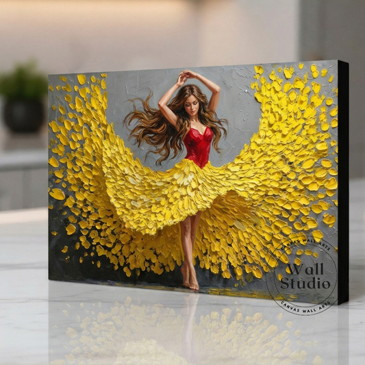 Modern Abstract Woman in Golden Yellow Dress Canvas Wall Art - DS104