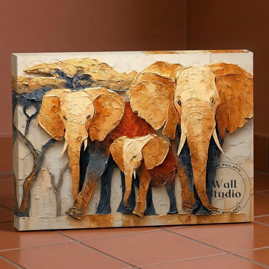 Golden Elephants Herd Abstract Canvas Wall Art - DS121