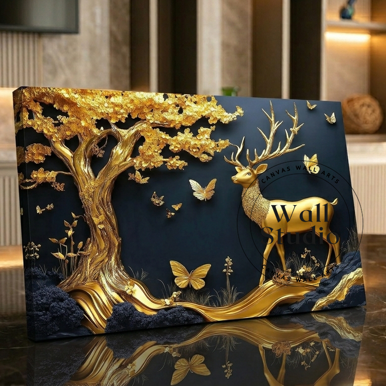 Abstract Golden Tree and Deer Landscape Canvas Art - DS129