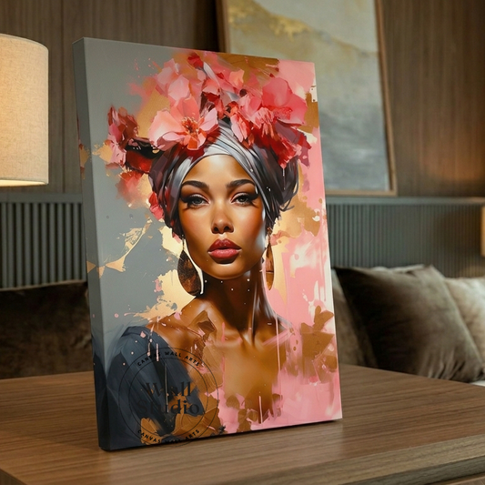 Elegant African Woman with Pink Floral Crown Canvas Wall Art - DS139