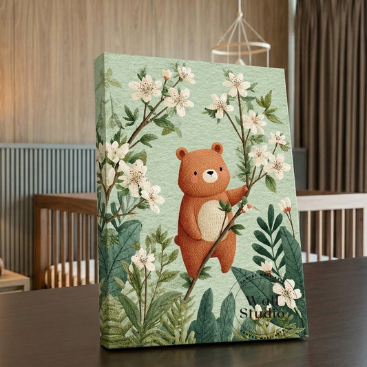 Cute Brown Bear with Spring Blossoms Nursery Canvas Print - DS137