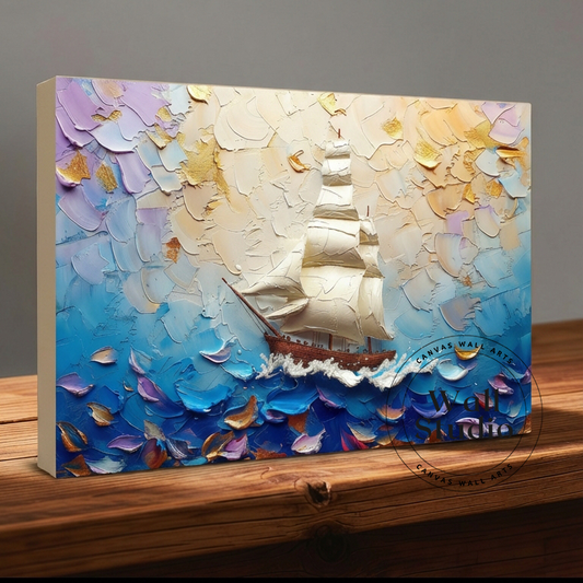Abstract Sailboat on Blue Ocean Canvas Print - Impasto Style Marine Art - DS105