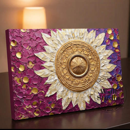 Golden Mandala Sunflower on Regal Purple Canvas - Boho Chic Wall Art - DS106