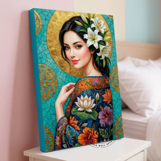 Elegant Woman with Blue Flowers Portrait Canvas Wall Art - DS114
