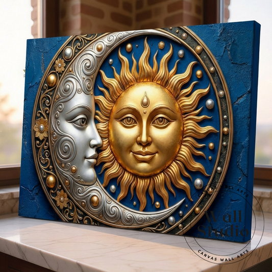 Celestial Golden Sun and Moon Canvas Wall Art - Boho Decor - DS115