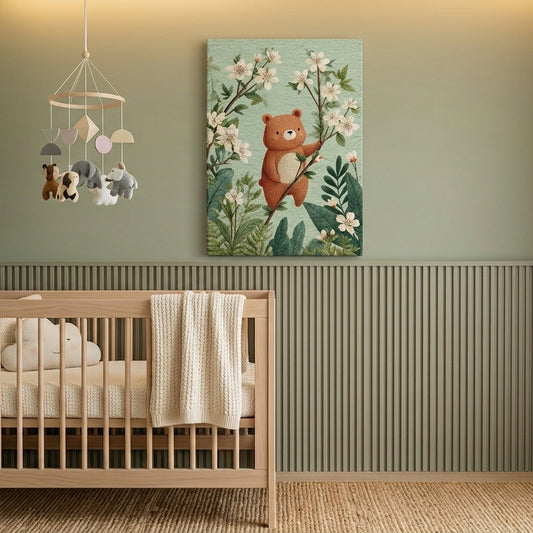 Cute Brown Bear with Spring Blossoms Nursery Canvas Print - DS137